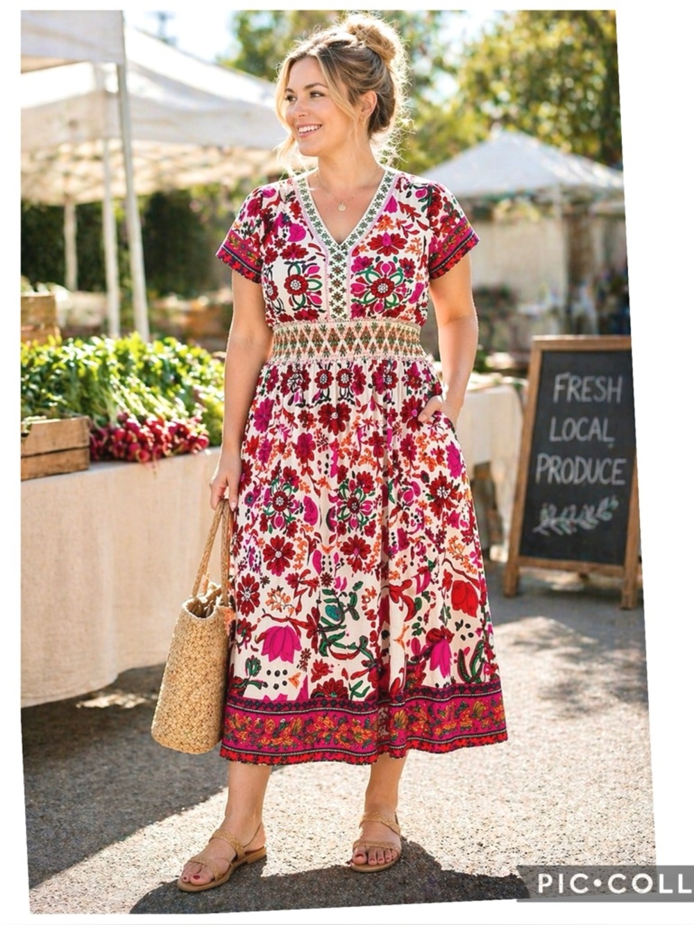 Kaktus Floral Boho Maxi Dress Smocked Waist Ruffle Sleeve NWT L